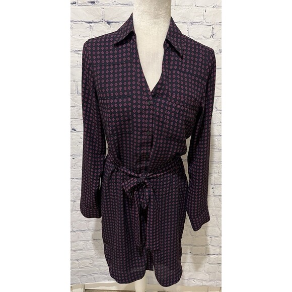 Express long sleeve Button Down pattern shirt dress with belt size small - Picture 1 of 7